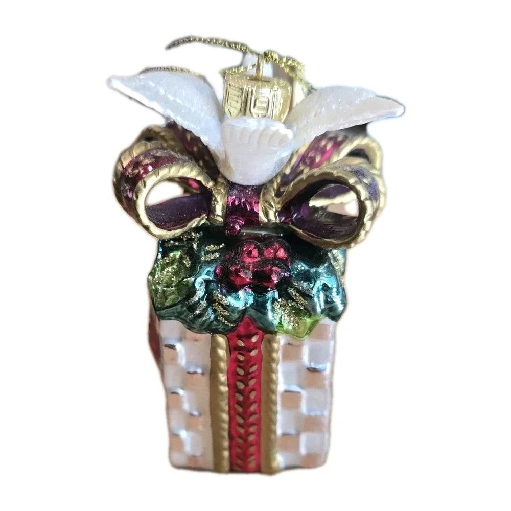 NIB Fitz & Floyd Gift Box Dove Glass Christmas Ornament Bow Cottagecore VTG INSP